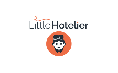 Orange and black Little Hotelier logo with bellboy icon