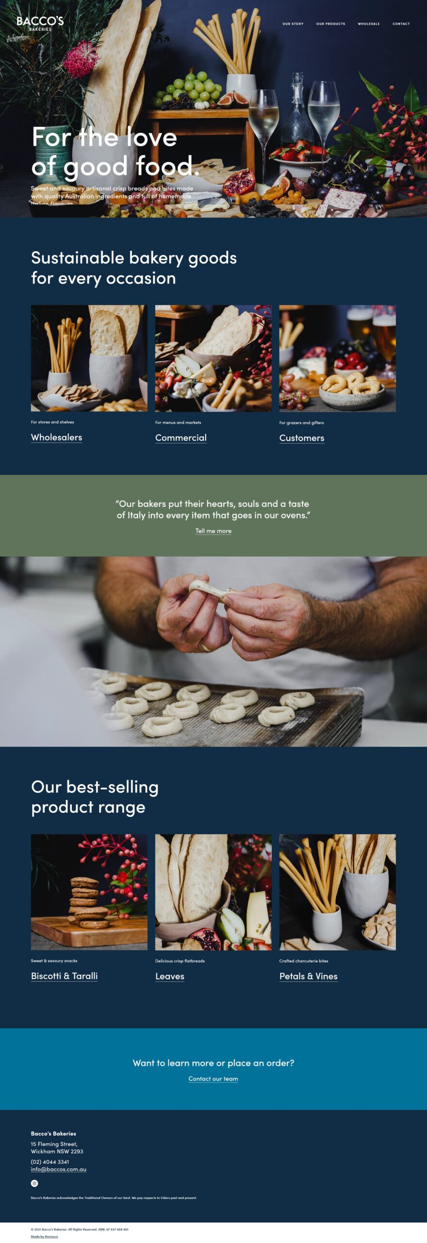 Screenshot of Bacco's Bakeries website homepage written by Kerrie Brooks