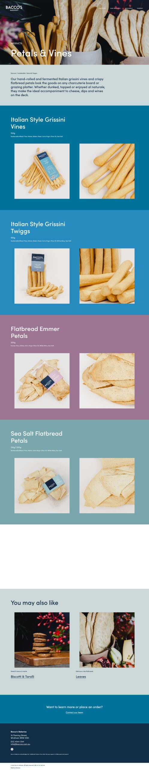 Screenshot of Bacco's Bakeries website petal products page written by KB