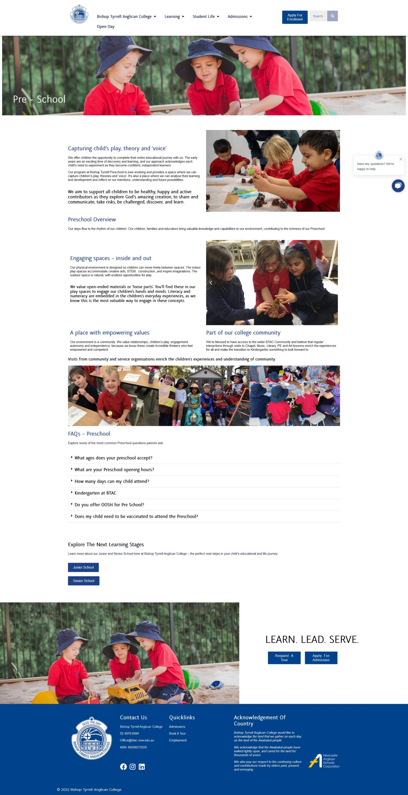 Screenshot of Bishop Tyrrell Anglican College preschool page on website