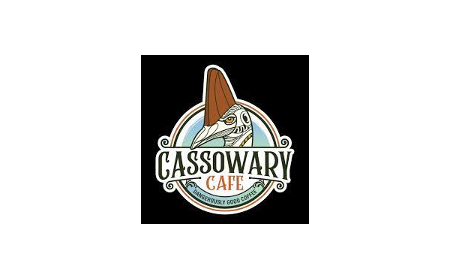 Cassowary Cafe logo with a Cassowary bird behind the text in a circle