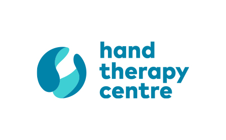 Two tone blue text Hand Therapy Centre logo with abstract holding hands symbol