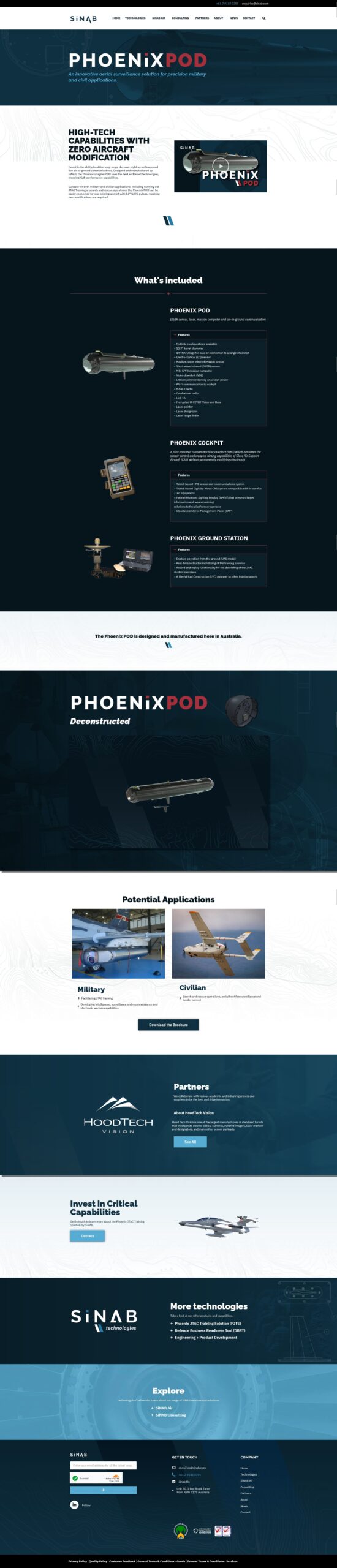 Screenshot of SINAB defence engineering Phoenix Pod technology web page