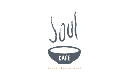 Grey and white logo for Soul Cafe, not for profit