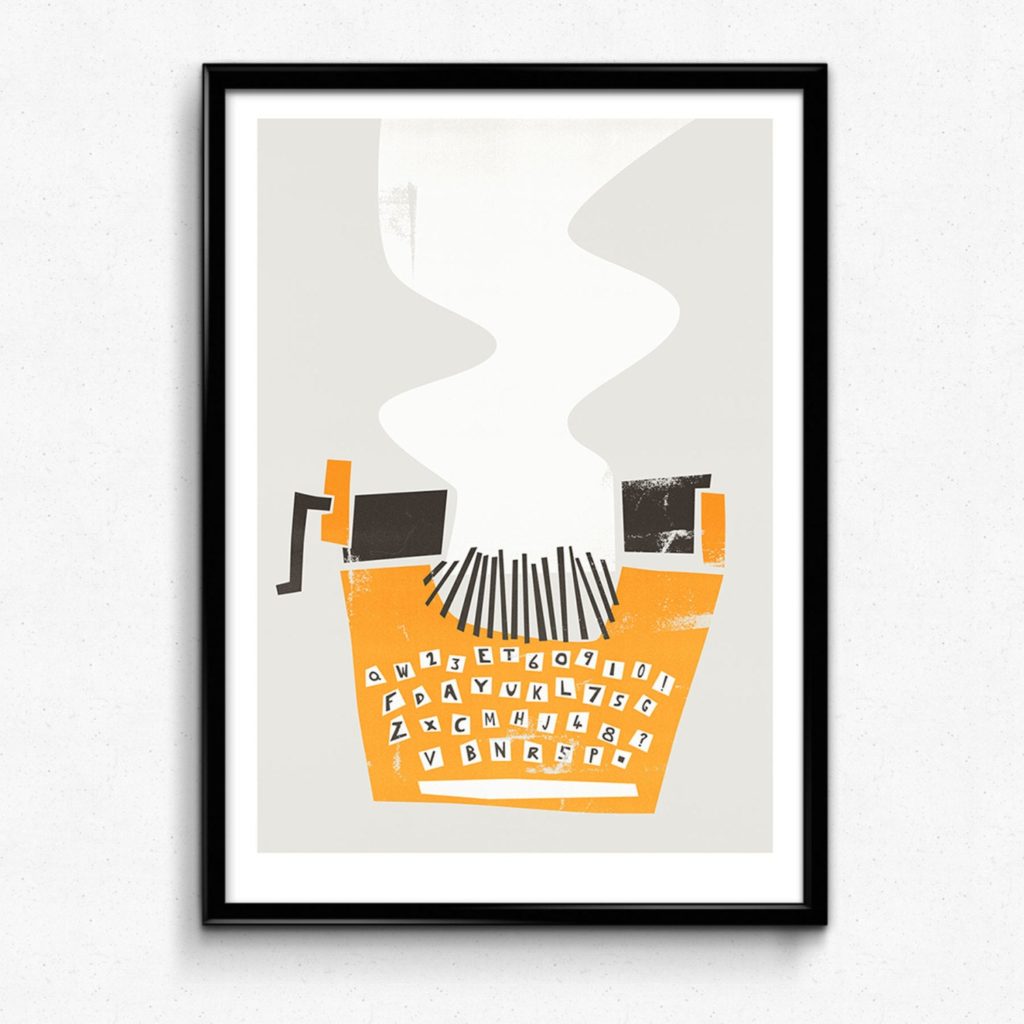 An illustrated black framed picture of a yellow, black and white retro typewriter with paper coming out of it.