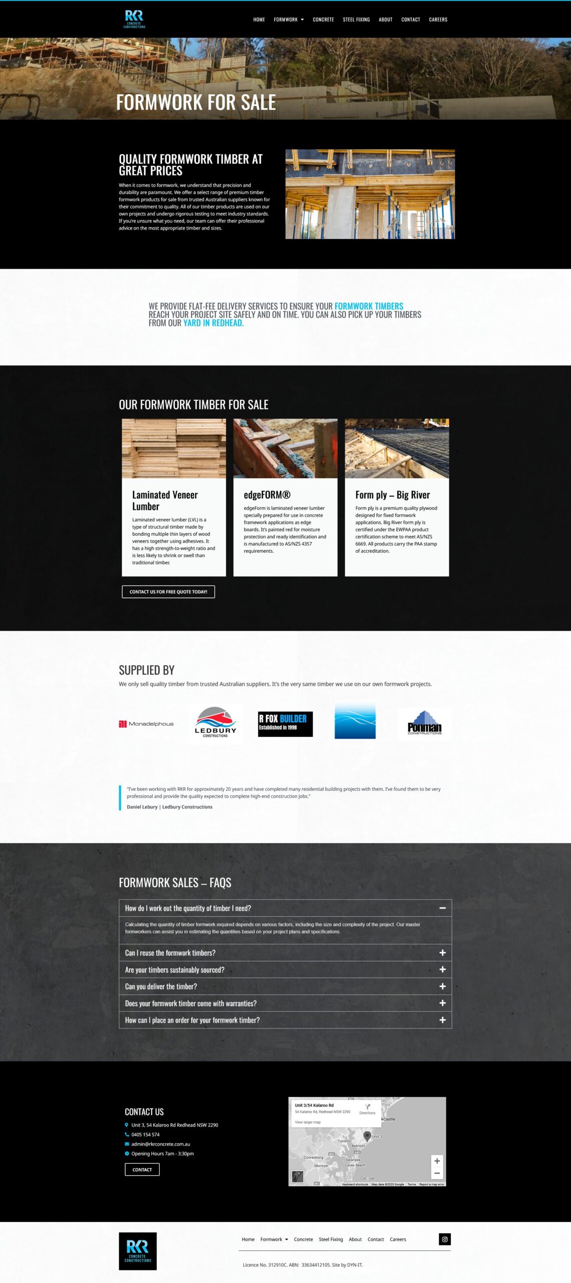 Screenshot of RKR Concrete formwork sales webpage written by KB