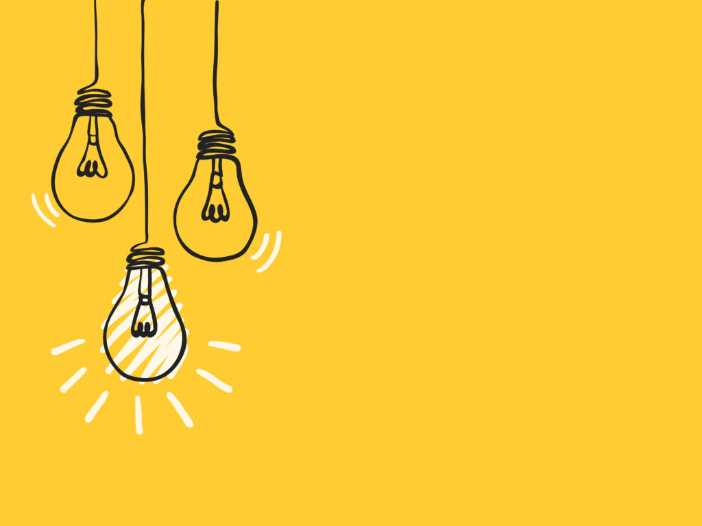 A black line illustration of 3 hanging lightbulbs sitting on a yellow background. Light is shining out from one of them.