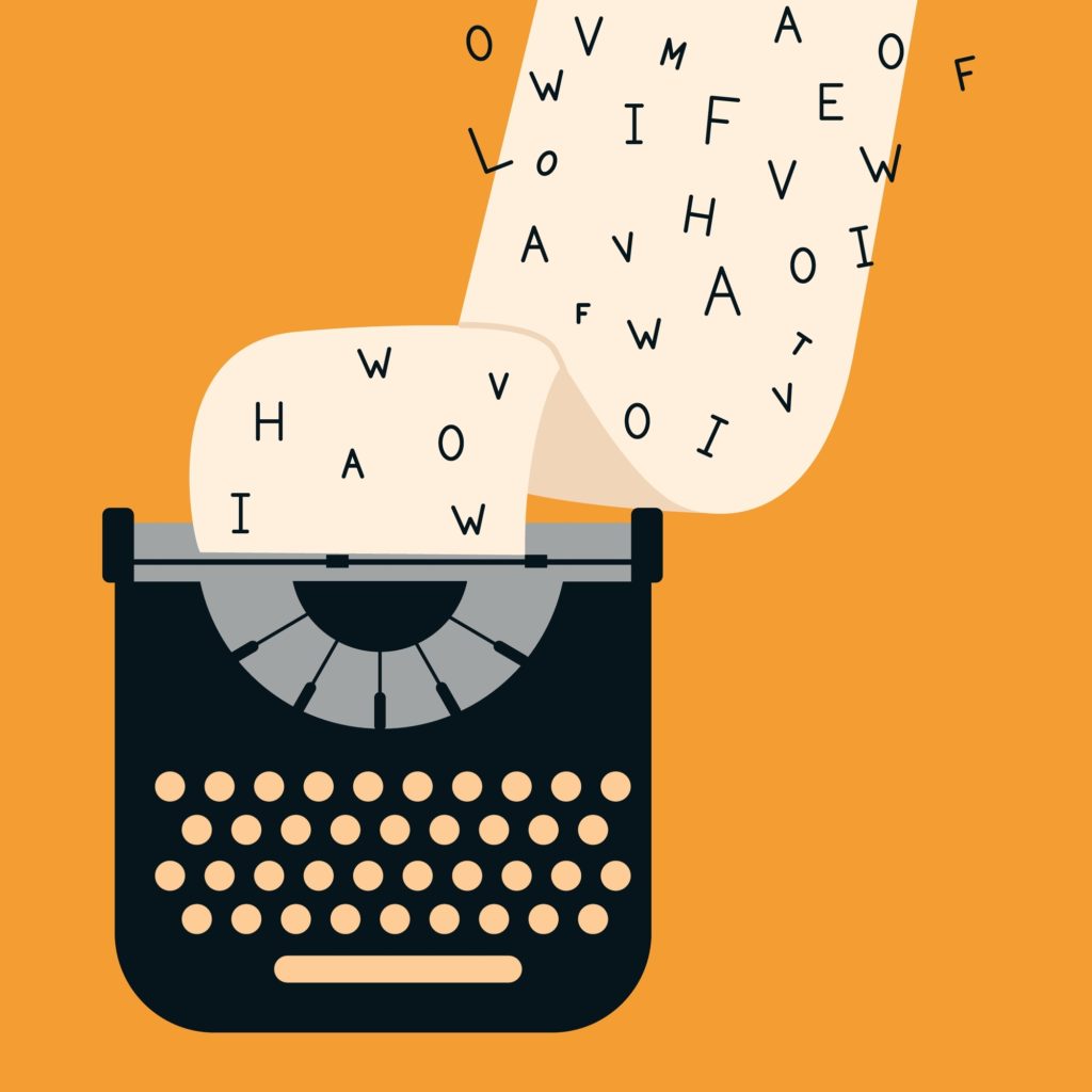 An illustration of a black and grey old-school typewriter on an orange background. Paper is coming out of it with letters ib implying someone is writing blogs.