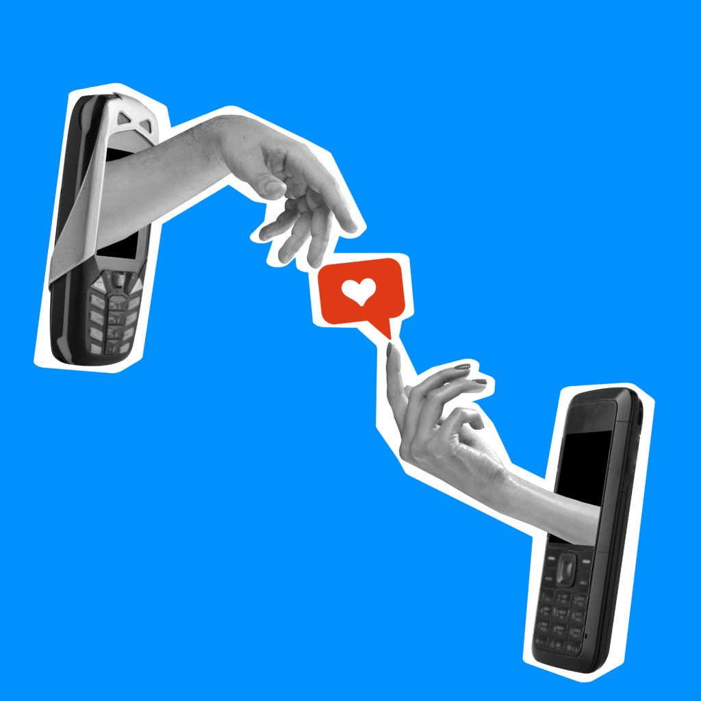 A collage-style image of two grey mobile phones with hands coming out of the screens on a bright blue background. Both and touching a red and white social love button.