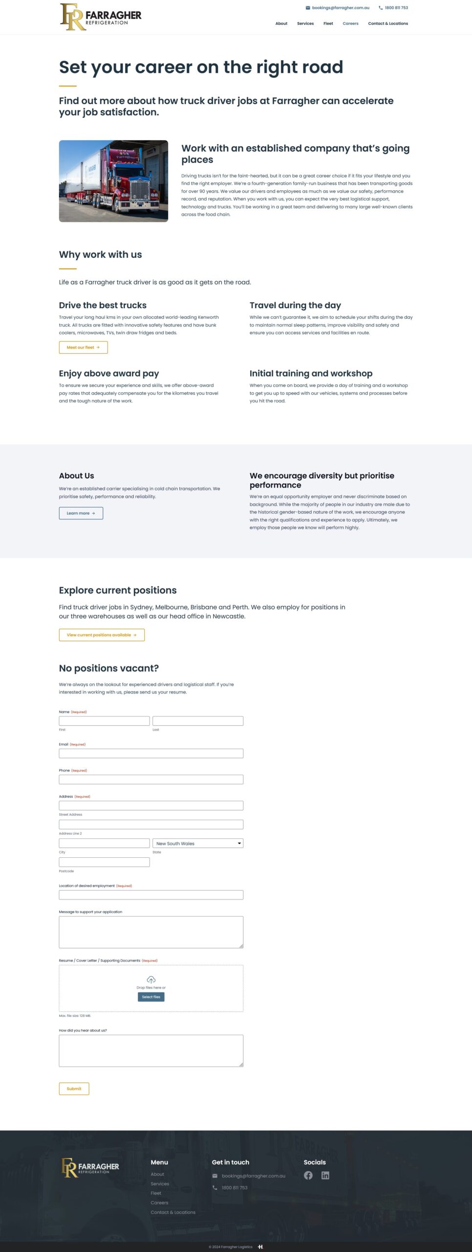 Screenshot of Farragher Refrigeration website careers page