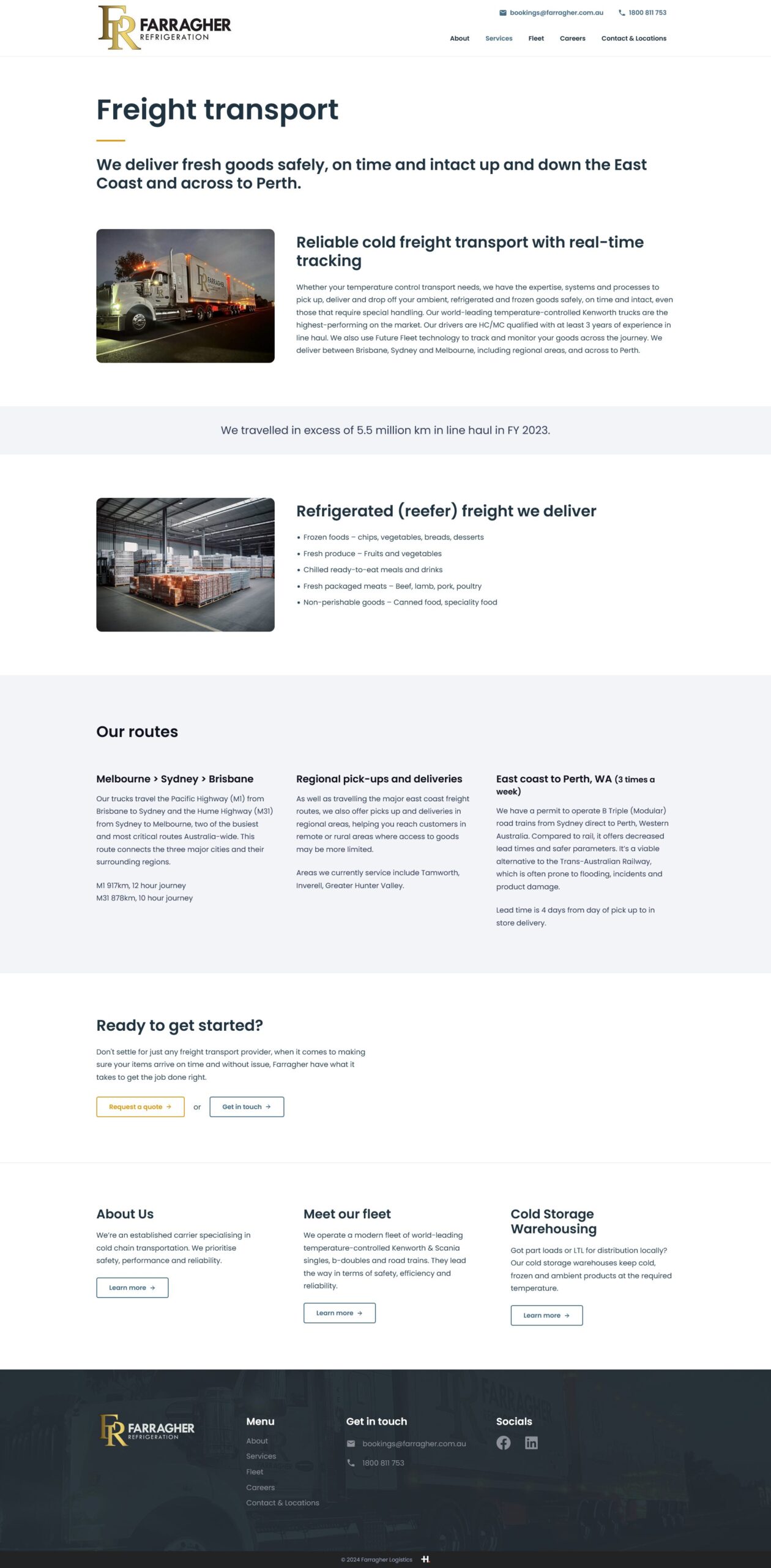 Screenshot of Farragher Refrigeration website freight transport page